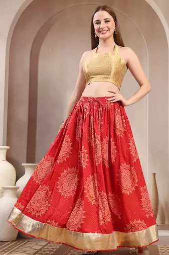 Red floral printed cotton flared maxi skirt for women