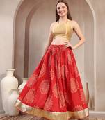 Red floral printed cotton flared maxi skirt for women