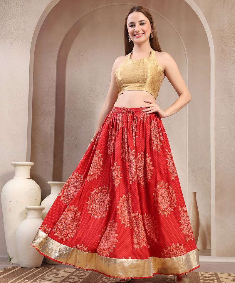 Red floral printed cotton flared maxi skirt for women