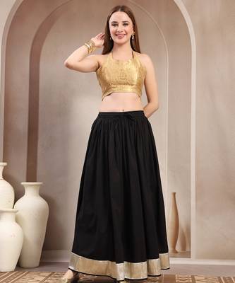 Black plain cotton flared maxi skirt for women 1