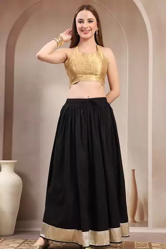Black plain cotton flared maxi skirt for women
