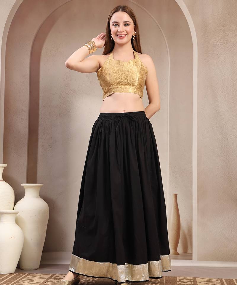 Black plain cotton flared maxi skirt for women