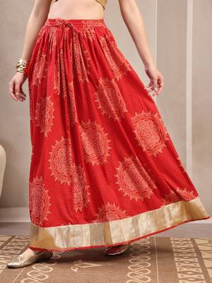 Red floral printed cotton flared maxi skirt for women 2