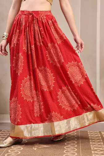 Red floral printed cotton flared maxi skirt for women