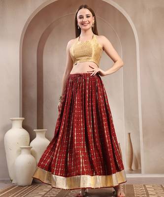 Red printed cotton flared maxi skirt for women 1