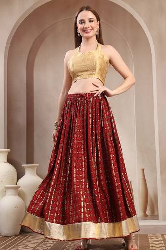 Red printed cotton flared maxi skirt for women