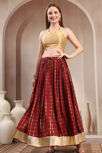 Red printed cotton flared maxi skirt for women