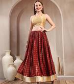 Red printed cotton flared maxi skirt for women