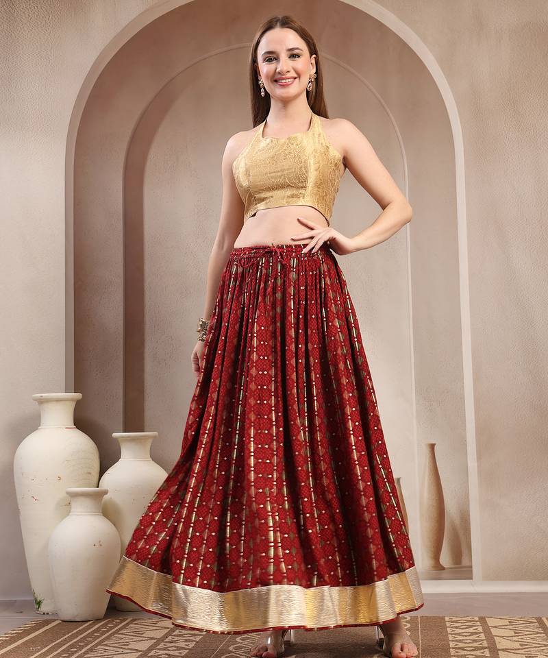 Red printed cotton flared maxi skirt for women