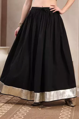 Black plain cotton flared maxi skirt for women