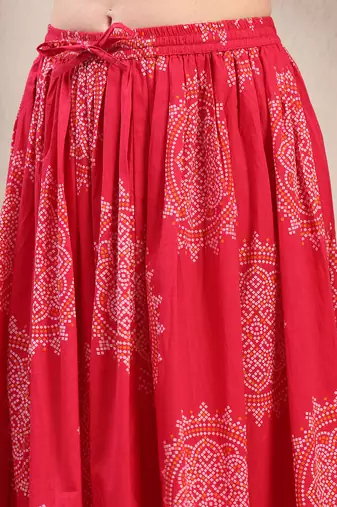 Pink floral printed cotton flared maxi skirt for women