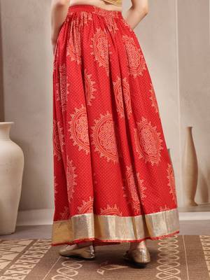 Red floral printed cotton flared maxi skirt for women 3
