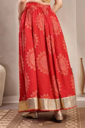 Red floral printed cotton flared maxi skirt for women