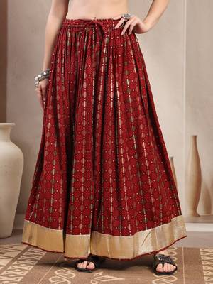 Red printed cotton flared maxi skirt for women 2