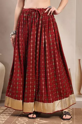 Red printed cotton flared maxi skirt for women