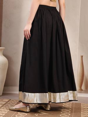 Black plain cotton flared maxi skirt for women 3