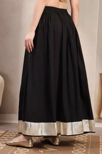 Black plain cotton flared maxi skirt for women