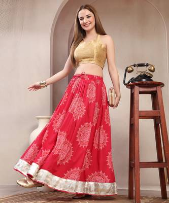 Pink floral printed cotton flared maxi skirt for women 5