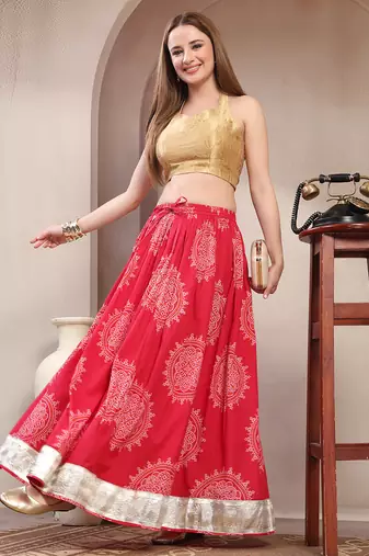 Pink floral printed cotton flared maxi skirt for women