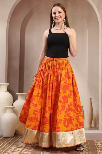 Orange floral printed cotton flared maxi skirt for women