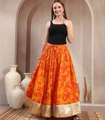Orange floral printed cotton flared maxi skirt for women