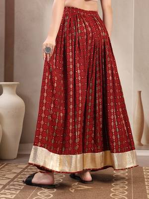 Red printed cotton flared maxi skirt for women 3