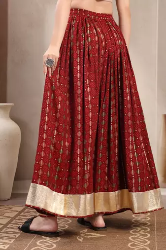 Red printed cotton flared maxi skirt for women