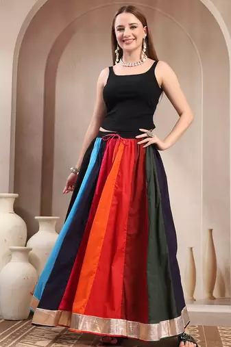 Multicolor color blocked cotton flared maxi skirt for women