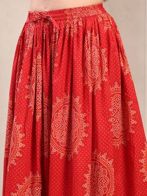 Red floral printed cotton flared maxi skirt for women 4