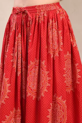 Red floral printed cotton flared maxi skirt for women