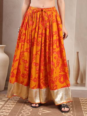 Orange floral printed cotton flared maxi skirt for women 2