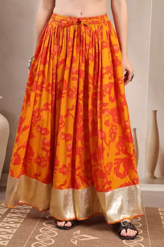 Orange floral printed cotton flared maxi skirt for women