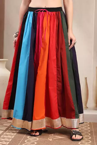 Multicolor color blocked cotton flared maxi skirt for women