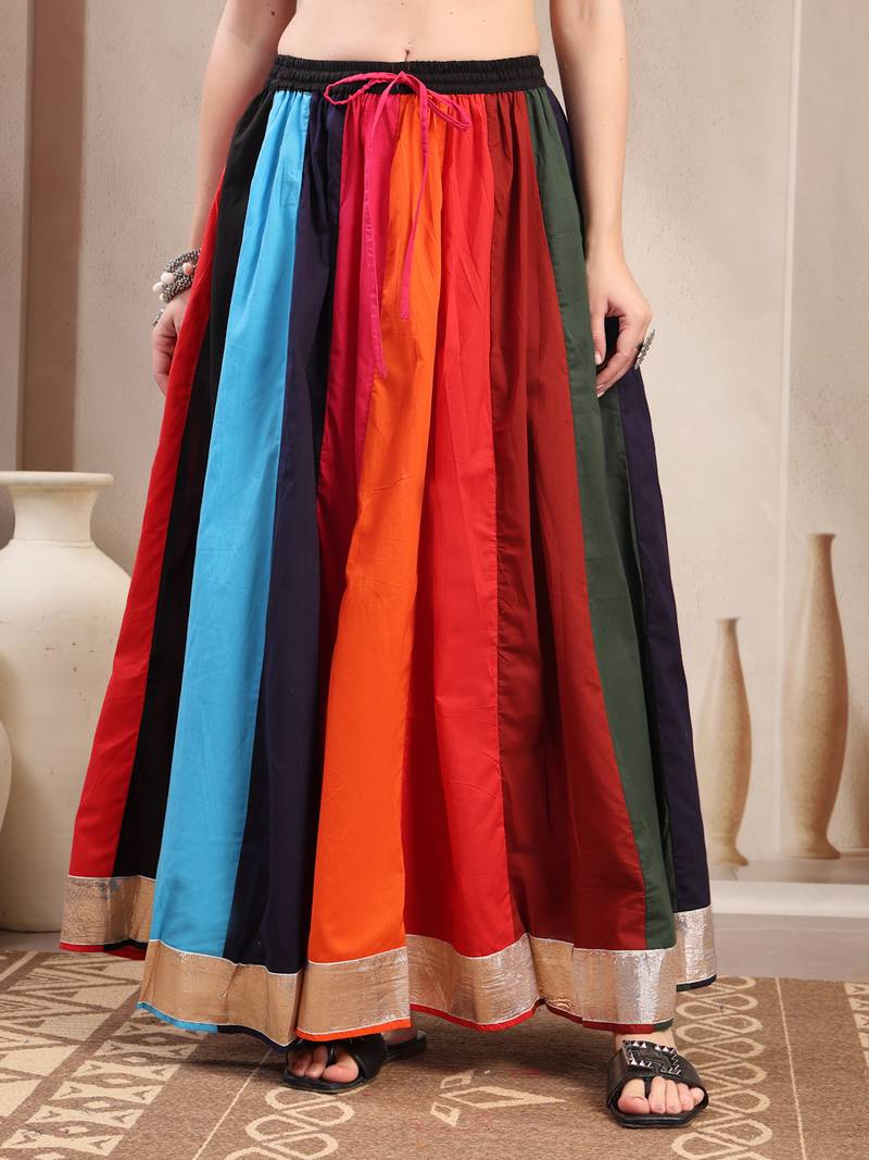 Multicolor color blocked cotton flared maxi skirt for women
