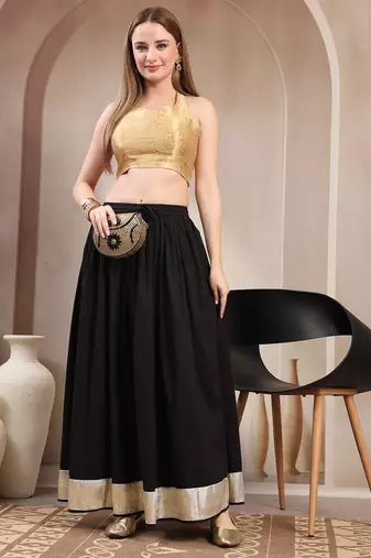 Black plain cotton flared maxi skirt for women