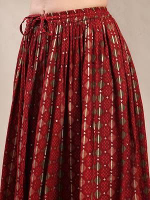 Red printed cotton flared maxi skirt for women 4