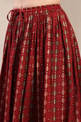 Red printed cotton flared maxi skirt for women