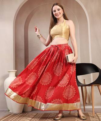 Red floral printed cotton flared maxi skirt for women 5