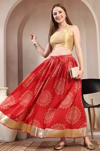 Red floral printed cotton flared maxi skirt for women