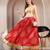 Red floral printed cotton flared maxi skirt for women