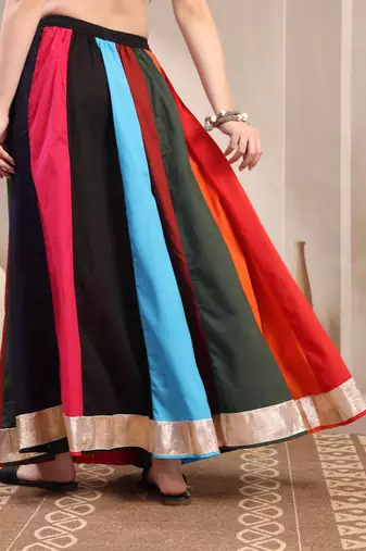 Multicolor color blocked cotton flared maxi skirt for women