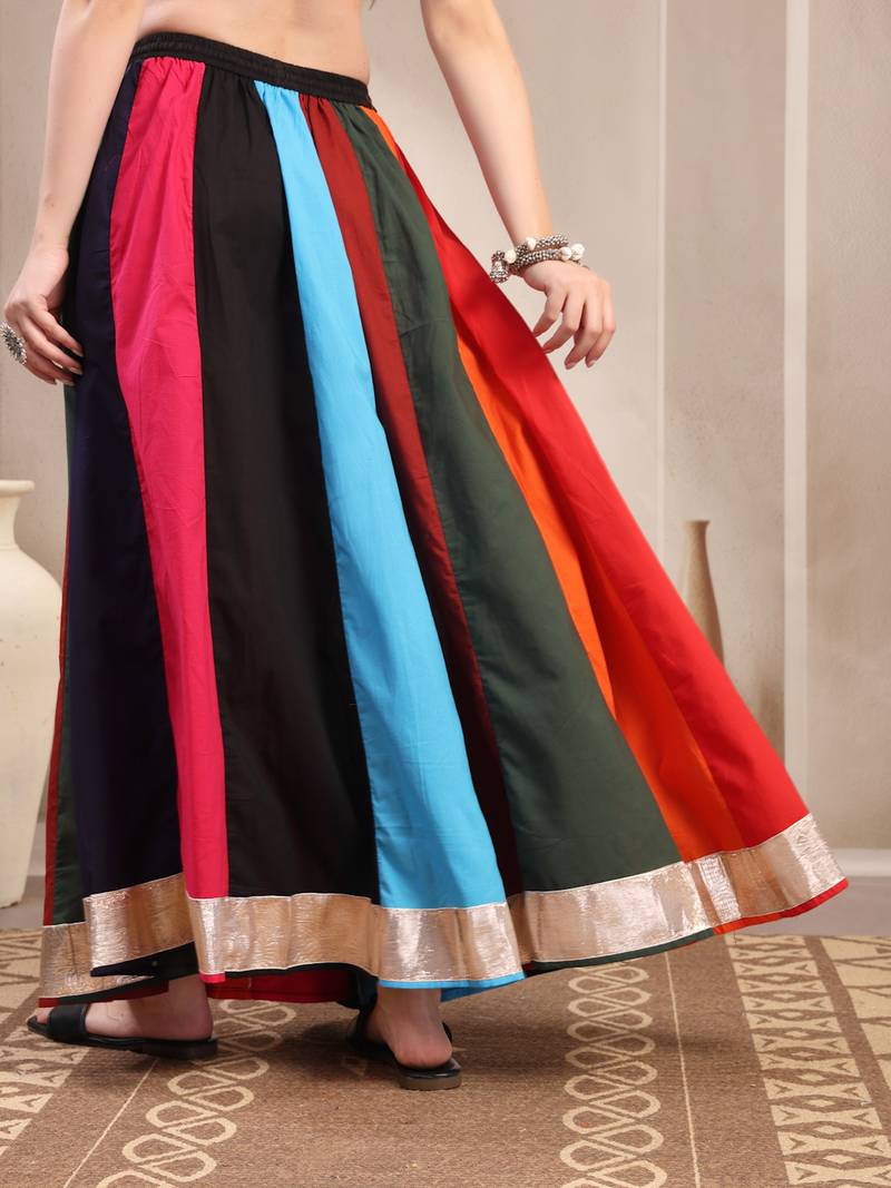 Multicolor color blocked cotton flared maxi skirt for women
