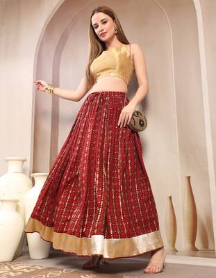 Red printed cotton flared maxi skirt for women 5