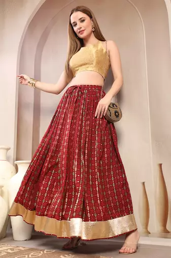 Red printed cotton flared maxi skirt for women