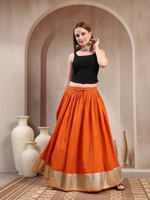 Orange plain cotton flared maxi skirt for women 1
