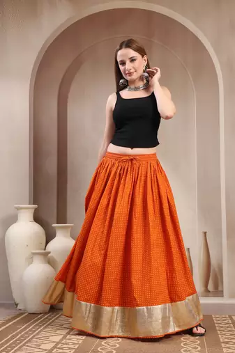 Orange plain cotton flared maxi skirt for women