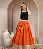 Orange plain cotton flared maxi skirt for women