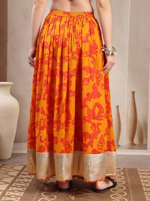 Orange floral printed cotton flared maxi skirt for women 3