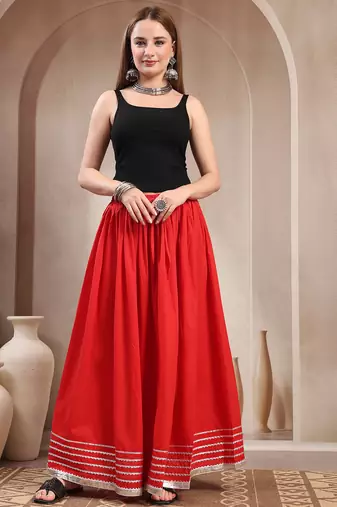 Red plain cotton flared maxi skirt for women