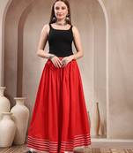 Red plain cotton flared maxi skirt for women